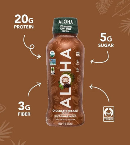 ALOHA Organic Plant Based Chocolate Sea Salt Protein Shake w/MCT Oil (12 ct, 12oz Bottle) 20g Protein, Meal Replacement, L...