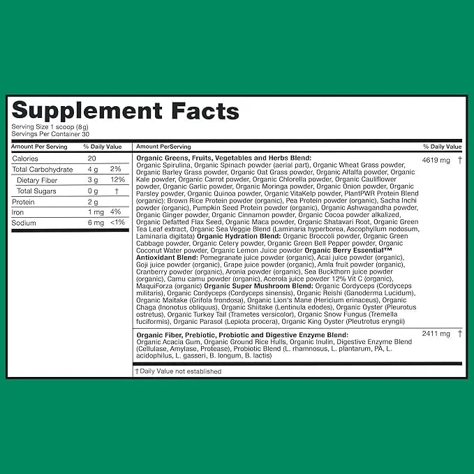 Zena Greens Organic SuperGreens Powder 30 Day 70+ Superfood 3G Fiber 0 Sugar