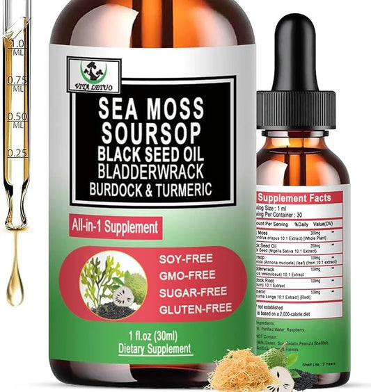 Sea Moss Black Seed Oil Soursop Liquid Drops with Bladderwrack Burdock Root Turmeric - Multimineral & Vitamins Superfood D...