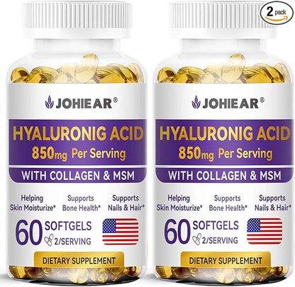 Hyaluronic Acid Supplements, 850mg High Bioavailable Dietary Hyaluronic Acid Capsules, Double Strength Skin Hydration, Joi...