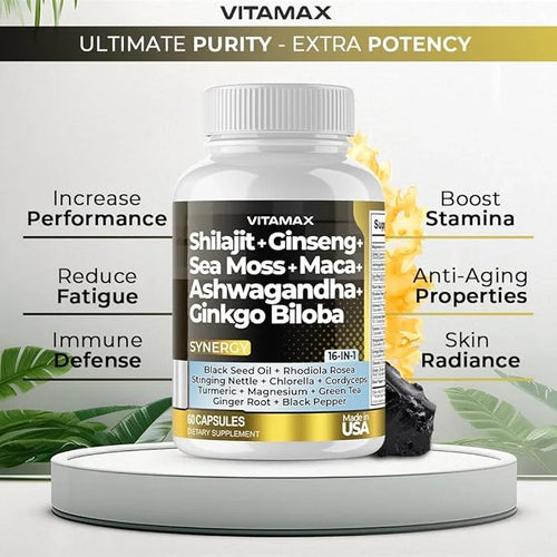 Pure Himalayan Shilajit Supplement 10,000mg Ashwagandha 6,000mg Sea 2,000mg Rhodiola 1000MG Gingko 500mg Trace (60 Count 1))
