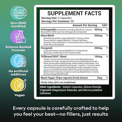 Maca Root Ashwagandha Supplement – 1,400+ MG, 60 Capsules, 17-in-1 for Energy, Stress, Hormonal Health, Non-GMO, with Fenu...