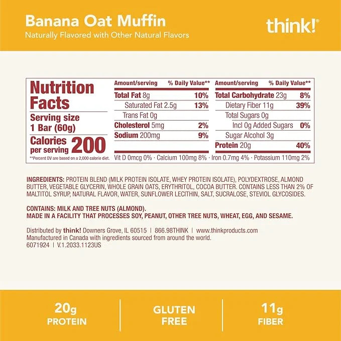 think! Protein Bars, High Protein Snacks, Gluten Free, High Fiber, Banana Oat Muffin, 10 Count - Product Image