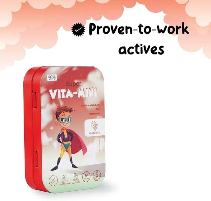 Soul Strips Super Vita-Mini - Essential Vitamins A, B, C, D, E, K & Minerals for Kids' Growth & Health, Raspberry, Zero Su...