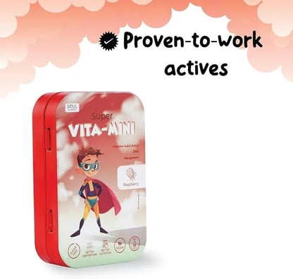 Soul Strips Super Vita-Mini - Essential Vitamins A, B, C, D, E, K & Minerals for Kids' Growth & Health, Raspberry, Zero Su...