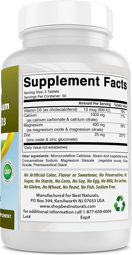 Best Naturals Calcium Magnesium Zinc D3, 150 150 Tablets 1000 mg, 400 mg, 25 mg D3 600 600 IU (3 Tablets)