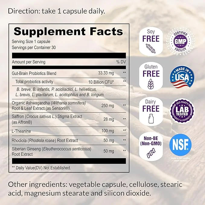 UpNourish Organic Ashwagandha Saffron Supplements with Probiotics 30 Vegan