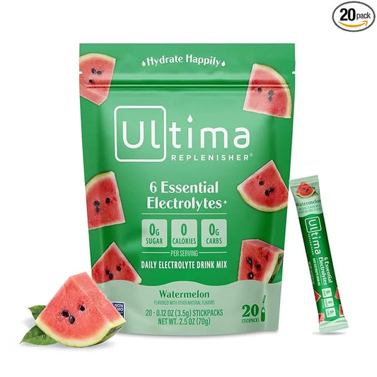 Ultima Replenisher Daily Electrolyte Powder Drink Mix – Watermelon, 20 Stickpacks – Hydration Packets with 6 Electrolytes ...