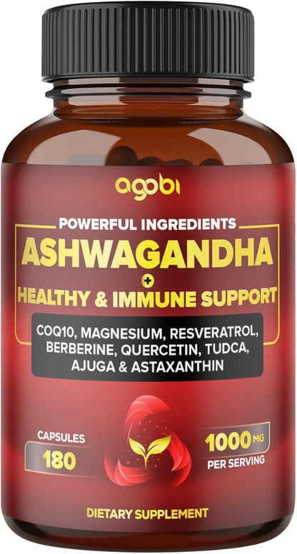 Ashwagandha Capsules w Healthy Support & CoQ10, Magnesium 180 Pills
