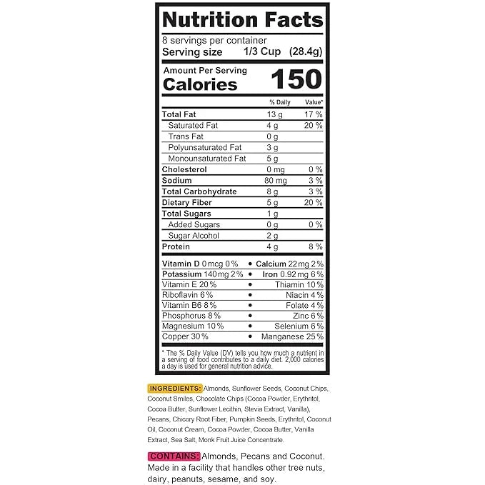 TGB Chocolate Chip Granola Cereal, Keto Friendly Snack, No Added Sugar, Gluten Free, High Fiber, 8oz Resealable Bag (Pack ...
