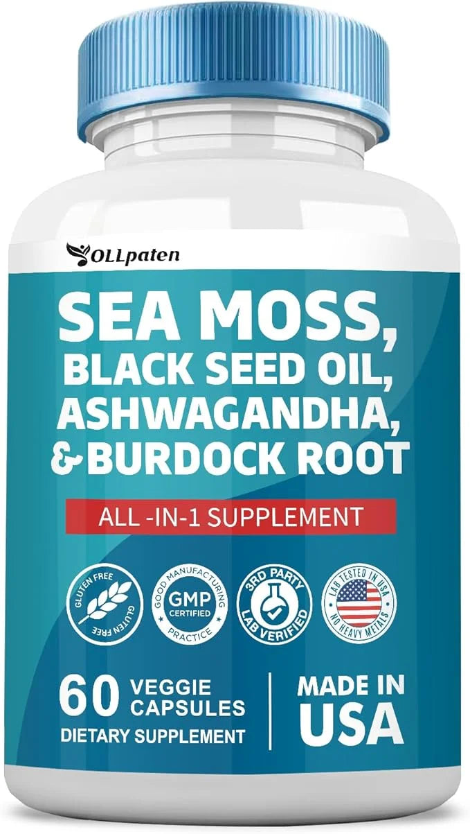 Sea Moss 3000mg Ashwagandha 1000mg Black 2000mg Turmeric 1000mg Burdock 1000mg Bladderwrack 1000mg & D3 Elderberry 60 Caps...