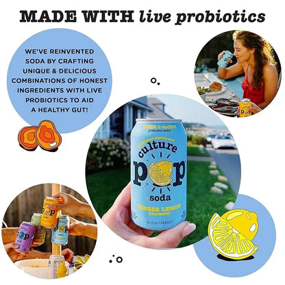 Culture Pop Soda, Ginger Lemon & Turmeric, Probiotic Low Sugar Soda, Sparkling Juice Alternative, Non-GMO, Kosher, Gluten-...