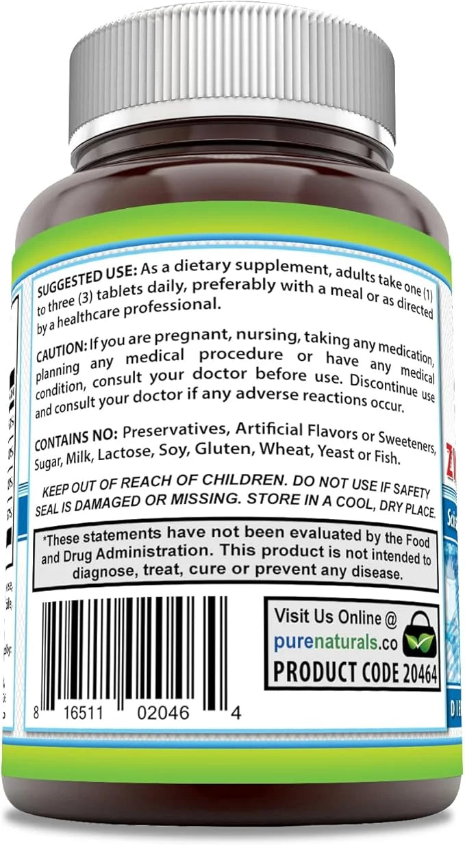 Pure Naturals Calcium Magnesium Zinc Vitamin D3 Supplement 1000mg, Magnesium 400mg, Zinc 25mg, Vitamin D3 600 600 IU (300 ...