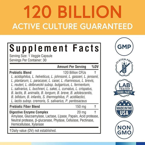 Terranics Probiotics 120 Billion with Prebiotics 30 Tested 30 Veggie
