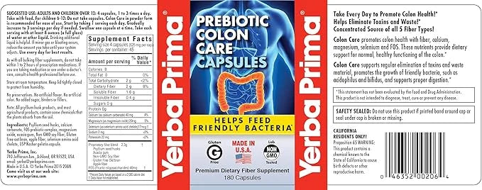 Yerba Prima Prebiotics Colon Care Fiber 180 Capsules