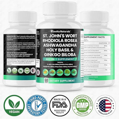 St Johns Wort 6000mg Rhodiola Rosea 6000mg Ashwagandha 3000mg Holy 2000mg Ginkgo 1000mg -