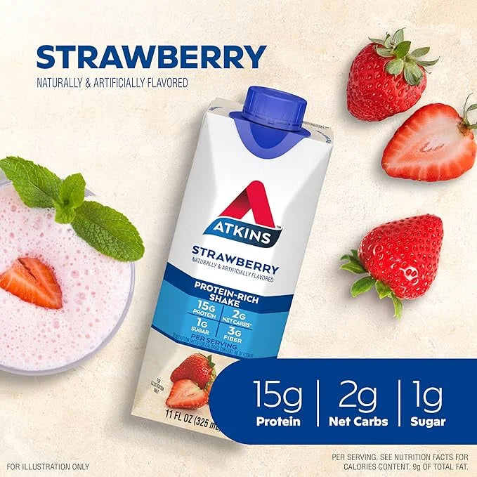 Atkins Strawberry Protein Shake, 15g Protein, Low Glycemic, 2g Net Carb, 1g Sugar, Keto Friendly, 12 Count - Product Image