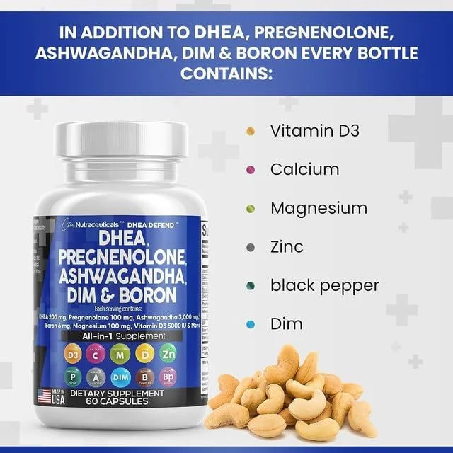 DHEA 200mg Supplement Pregnenolone 100mg for Men & Women with DIM Ashwagandha Boron 6mg Complex Calcium Magnesium Zinc 50m...