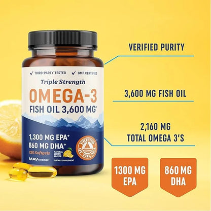 Triple Strength Omega 3 Fish Oil 3600 mg 2100mg of 3 Fatty 1300mg EPA 860mg DHA (120 Ct)