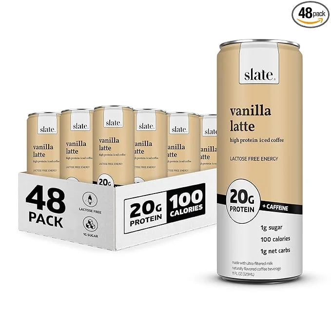 Slate Milk - High Protein Iced Coffee - Vanilla Latte - 175mg Caffeine, Lactose Free Energy - 20g Protein, 1g Sugar, 100 C...