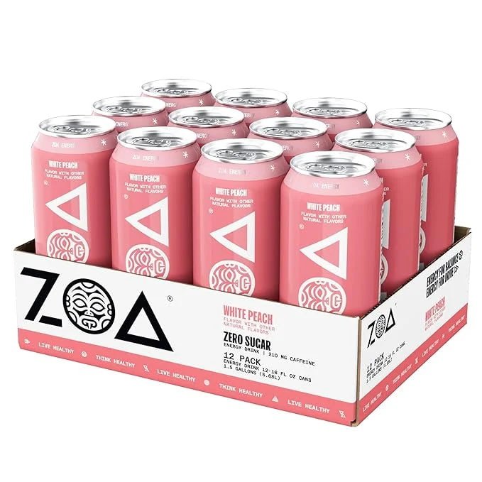 ZOA Zero Sugar Energy Drinks, White Peach - Sugar Free with Electrolytes, Healthy Vitamin C, Amino Acids, Essential B-Vita...