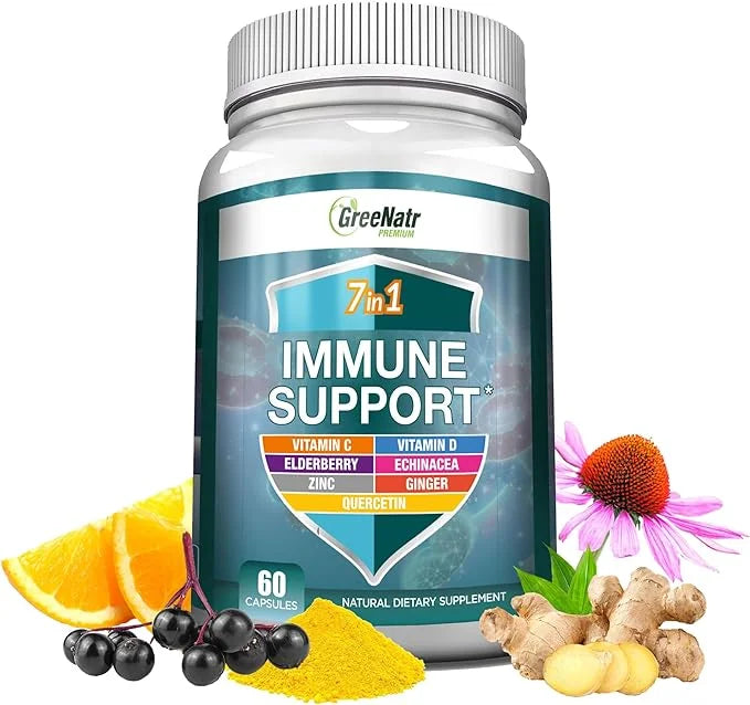 7 in 1 Immune Support Supplement D3, Zinc 50mg, Quercetin, 60 Capsules (1 Bottle)