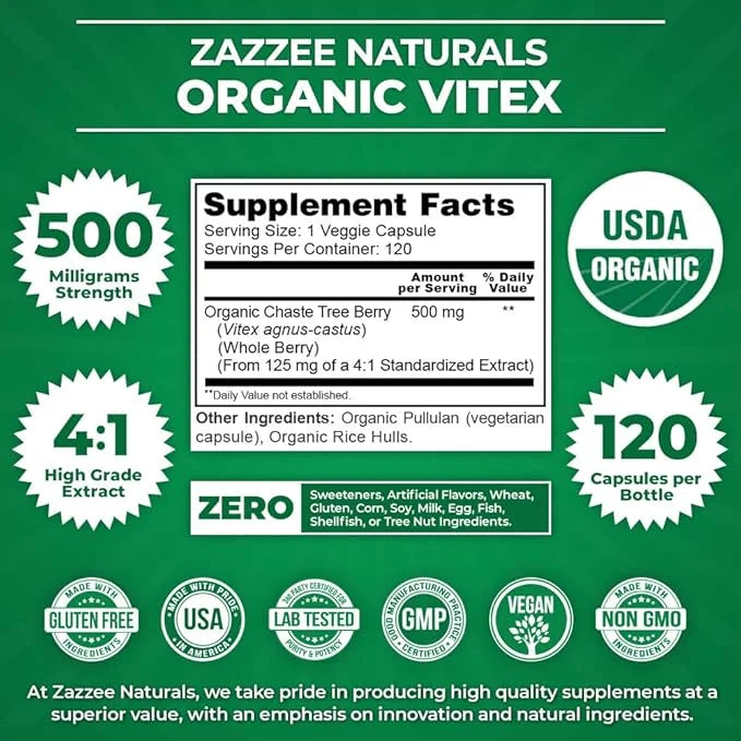 Zazzee USDA Organic Vitex, 500 mg Strength, 120 Vegan Capsules, 4 Month Supply, Standardized and Concentrated 4X Extract, ...