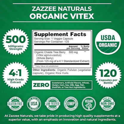 Zazzee USDA Organic Vitex, 500 mg Strength, 120 Vegan Capsules, 4 Month Supply, Standardized and Concentrated 4X Extract, ...