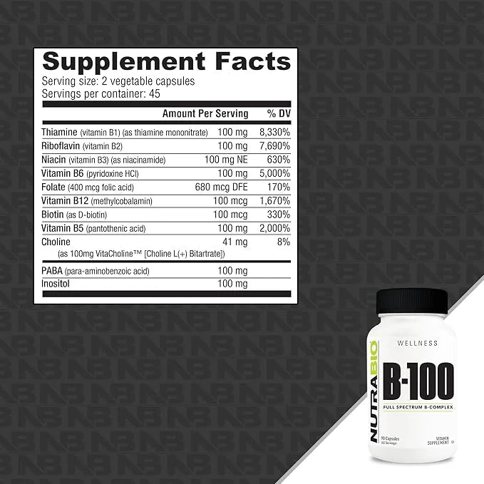 NutraBio B-100, B Vitamin Complex, Immune 90 Vegetable