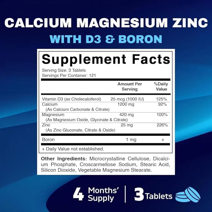 Vitamatic Calcium Magnesium Zinc D3 Boron 365 Coated 1200 mg, 420mg, Zinc 25mg, Vitamin D3 1000 1000 IU, 1 mg