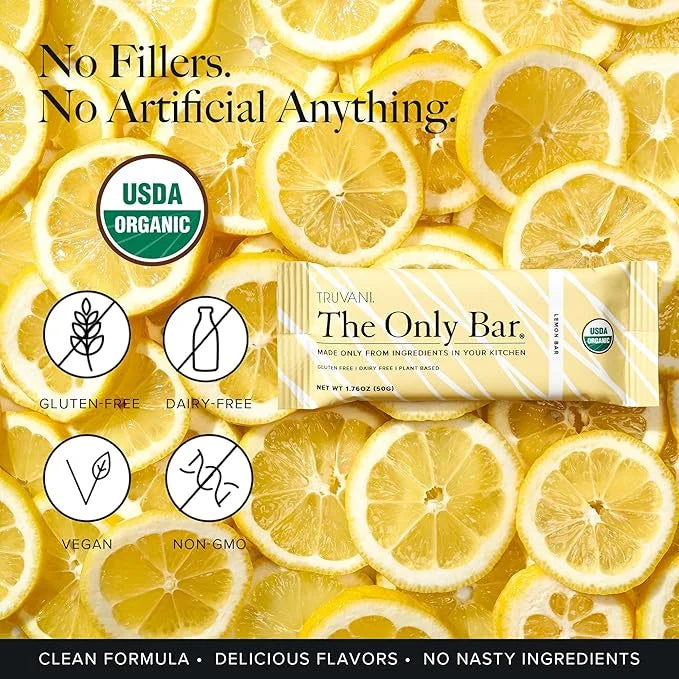 Truvani Plant Based Snack Bars | Lemon Bar 1 Pack | 6g Protein | USDA Organic and Vegan | The Only Bar | Dairy, Soy, and G...