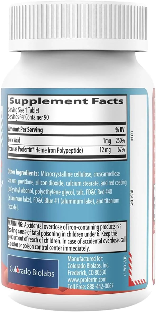 Proferrin Forte-12mg of high Absorbing Heme Iron Polypeptide. Easy on The Gut. 90 Tablets. 1mg of Folic Acid to aid in red...