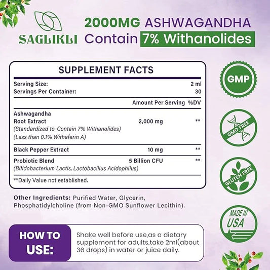 Liposomal Ashwagandha Liquid Drops 2000mg, Ashwagandha (7% Withanolides) 4 FL.OZ (2 Bottle)