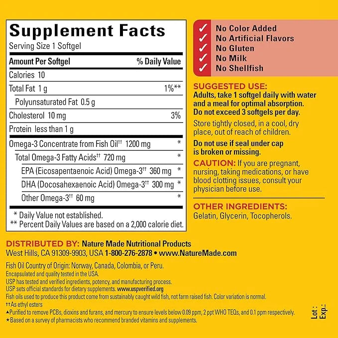 Nature Made Omega 3 Fish Oil 1200 mg, 3 Fish 3 Supplement 100 Softgels
