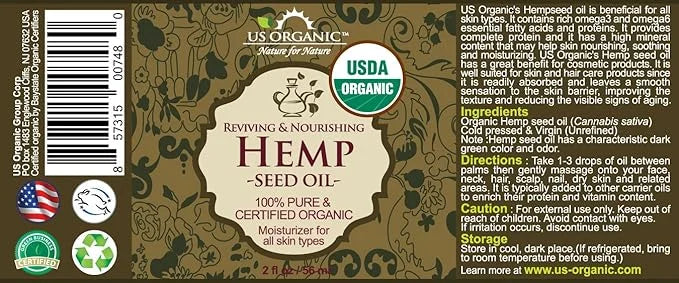 US Organic Hemp Seed Oil, Certified Organic, Pure & Natural, Cold Pressed Virgin, Unrefined, Amber Glass Bottle with Glass...