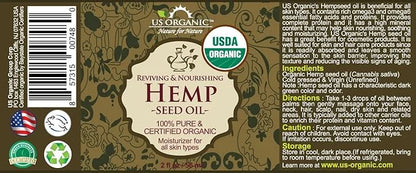 US Organic Hemp Seed Oil, Certified Organic, Pure & Natural, Cold Pressed Virgin, Unrefined, Amber Glass Bottle with Glass...