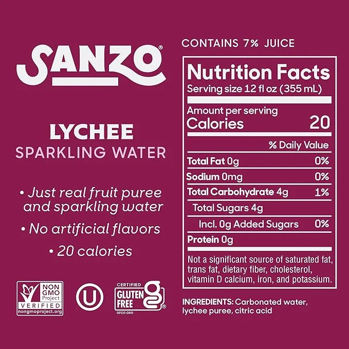 Sanzo Flavored Sparkling Water - Lychee (Berry), 12-Pack - Carbonated Drink Made with Real Fruit and Sugar-Free - Non-GMO,...