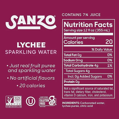 Sanzo Flavored Sparkling Water - Lychee (Berry), 12-Pack - Carbonated Drink Made with Real Fruit and Sugar-Free - Non-GMO,...