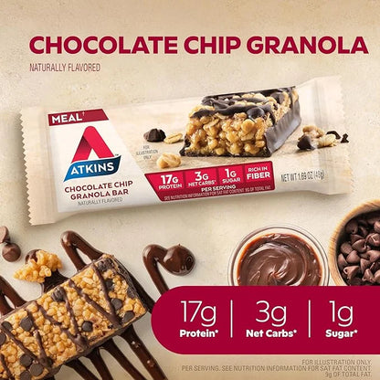 Atkins Chocolate Chip Granola Protein Meal Bar, High Fiber, 17g Protein, 12 Count and Chocolate Almond Caramel Bar, Keto-F...