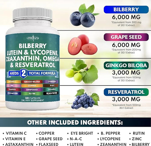 NEW AGE Eye Health Vitamins 6000mg Lutein 40mg Lycopene 40mg Resveratrol 3000mg Grape 6000mg Astaxanthin 180 Count