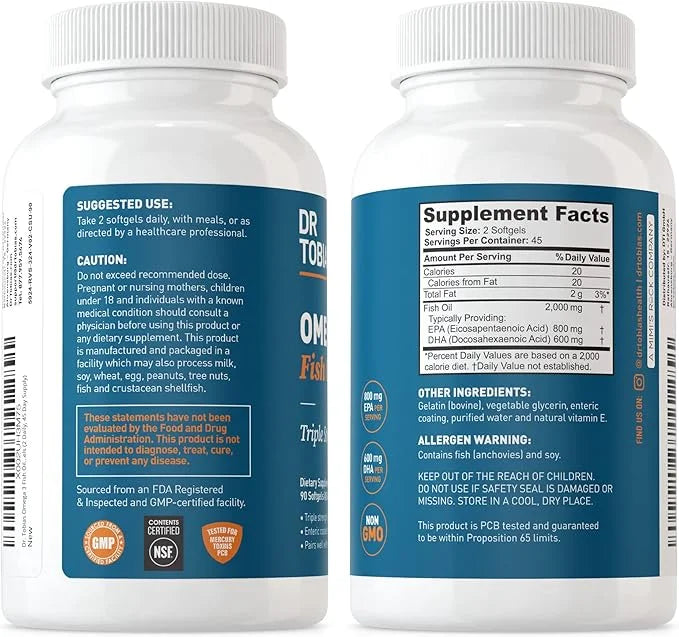 Dr. Tobias Omega 3 Fish Oil, 2000mg Triple 3 Supplement 800mg EPA 600mg DHA 3 Supplements 90 Softgels, 45 Servings