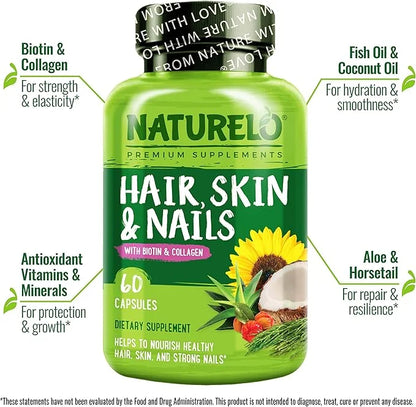 NATURELO Hair, Skin and Nails Vitamins 5000 mcg 60 Capsules