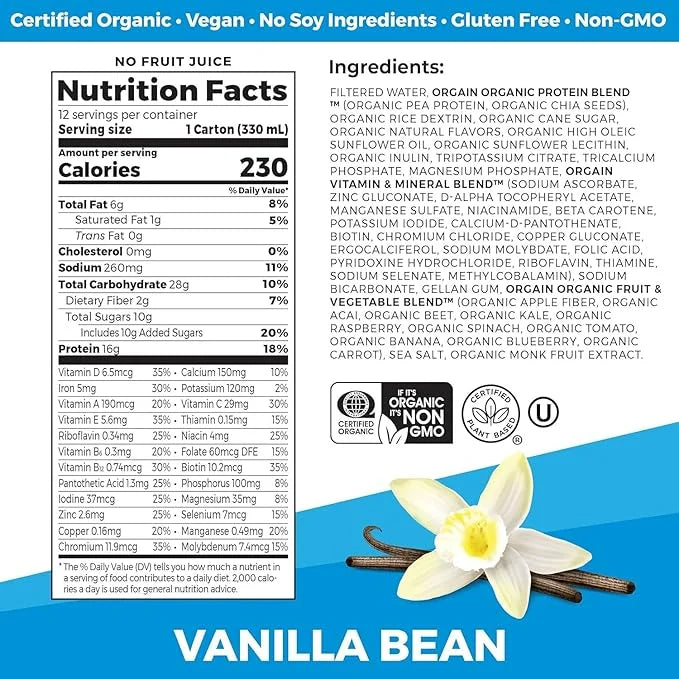 Orgain Organic Nutritional Vegan Protein Shake, Vanilla Bean - 16g Plant Based Protein, Meal Replacement, 21 Vitamins & Mi...