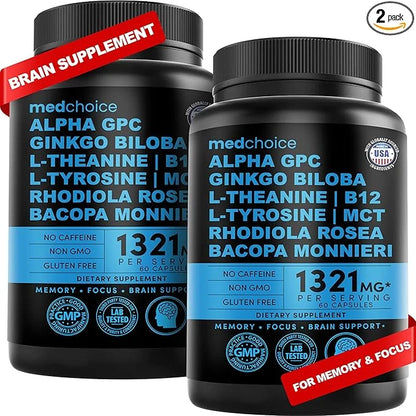 12-in-1 Nootropic Brain Supplement Anhydrous: Ginkgo Biloba for Brain Support, Memory and Focus - B12, Alpha GPC, L Theani...