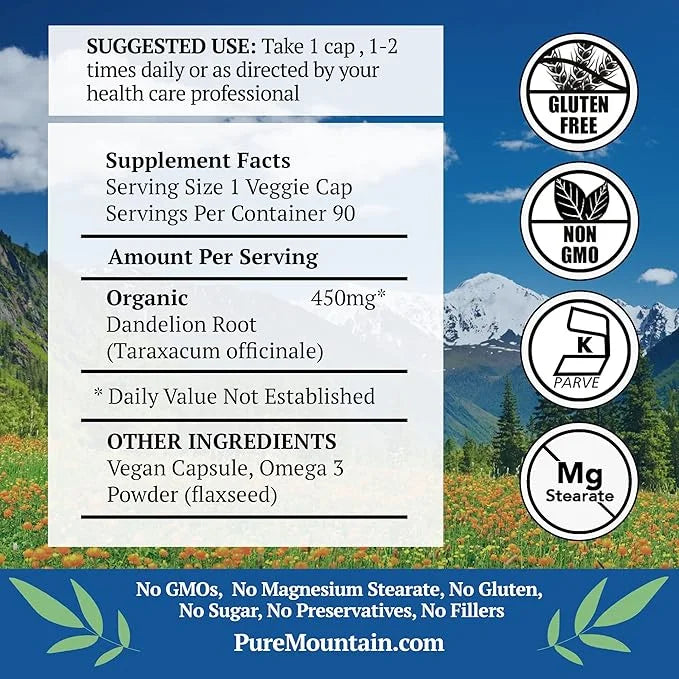 Pure Mountain Botanicals Dandelion Root Capsules 90 Kosher 450mg Organic