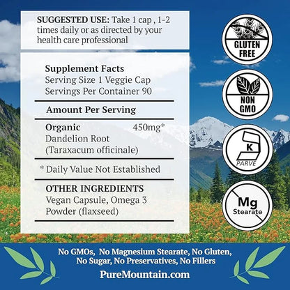 Pure Mountain Botanicals Dandelion Root Capsules 90 Kosher 450mg Organic