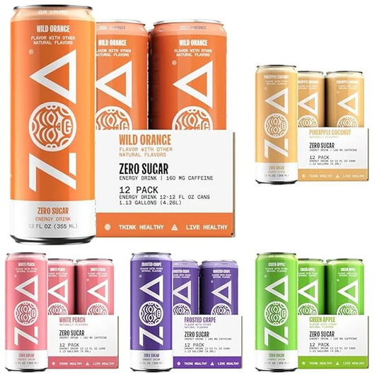 ZOA Zero Sugar Energy Drinks, Fruity Flavors Bundle - Sugar Free with Electrolytes, Healthy Vitamin C, Amino Acids, Essent...