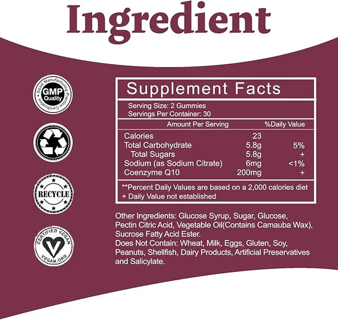 High Absorption - CoQ10 Gummies 200mg Q10 - CoQ10 Gummies 60 Count
