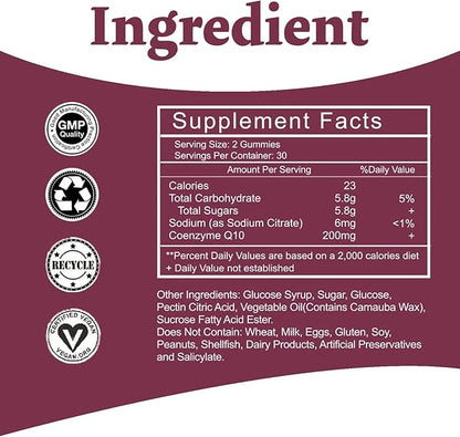 High Absorption - CoQ10 Gummies 200mg Q10 - CoQ10 Gummies 60 Count
