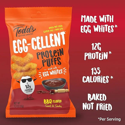 Todd's Better Snacks Egg-Cellent Protein Puffs, Sweet & Smoky BBQ, 1.2 Oz (Pack of 10), Made with Egg Whites, 12g Protein,...